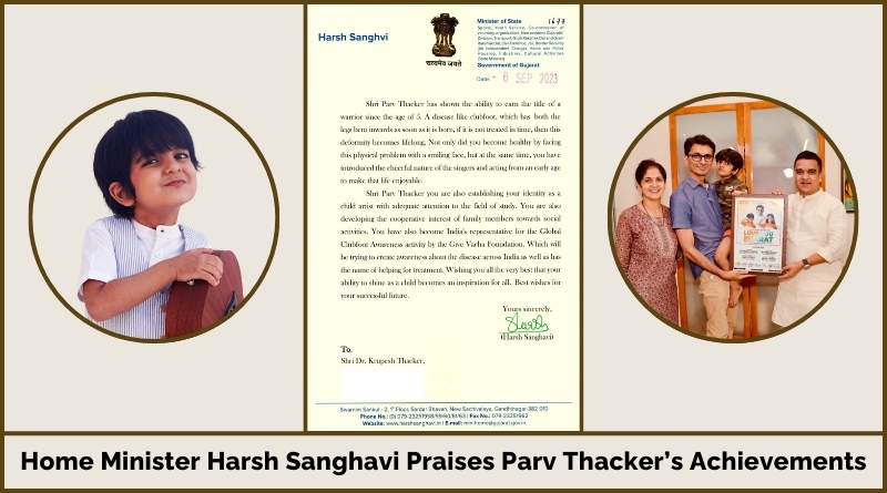 Gujarat Home Minister Shri Harsh Sanghavi appreciates Global Clubfoot Awareness Ambassador Parv Thacker.